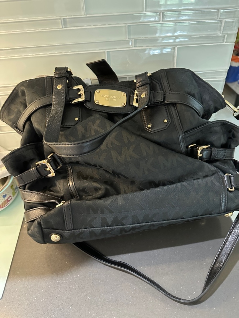 Michael Kors Black MK Monogram Shoulder Bag with Gold Plaque